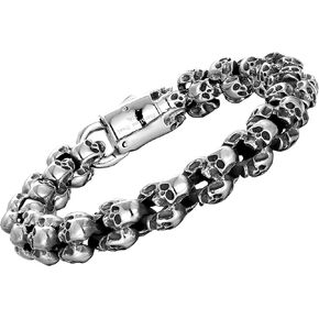 Bold Men’s Biker Bracelet – Death’s Skull Design in a Polished Silver Finish Band – Rust & Discoloration Resistant Stainless Steel with Black Genuine Leather Detail– Jewelry Gift for Men