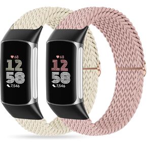 Bands Compatible with Fitbit Charge 5, Stretchy Braided Nylon 2 Pack Soft Loop Straps Replacement Adjustable Elastic Wristband for Fitbit Charge 5 Tracker Smart Watch for Women Men