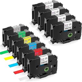 5 White+5 Multicolor Compatible Label Tape Replacement for Brother P-Touch TZe Label Tape 12mm 0.47 Laminated Black on White/Red/Blue/Yellow/Green/Silver for P-Touch PT-D210 H110 D600 (6+4Pack)