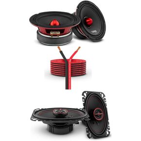 DS18 2X 6.5 Midrange Loudspeaker Red Aluminum Bullet 500W Max 250W RMS 8 Ohms and 2X 4x6 2-Way Coaxial Speakers 135 Watts Max Power 45 Watts RMS with Speaker Wire 16GA
