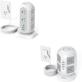 Tower Power Strip Flat Plug with USB C Ports, TESSAN Long Flat Extension Cord with Multiple Outlets, Charging Station with Surge Protection, Office Desk Supplies, Dorm Essentials