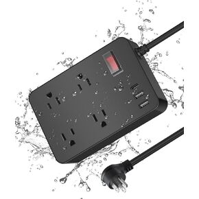 Outdoor Power Strip Weatherproof,Fast Charging Station 20W USB C,Waterproof Surge Protector 4 Outlets, Multi Outlet Extension for Camping, Garden, Kitchen,Bathroom,Flat Plug (Black, 10 FT Cable)