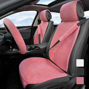 2 Pack Short Plush Sheepskin Car Front Seat Cover Set with Steering Wheel Cover and Seat Belt Pad, Winter Universal Faux Sheepskin Car Seat Protector, Lambswool Seat Cushion for Most Car(White)