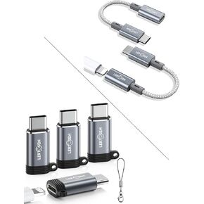 Lightning Female to USB C Male Adapter (4 Pack) + 2 Pack Grey Lightning to USB C Adapter Cable (Bundle)
