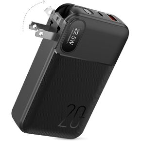 4-in-1 Portable Charger Power Bank ,20,000mAh, 22.5W FastCharging Power Bank with Built-in USB-C & Lightning Cableand Foldable AC Plug,LED Display Battery Pack for iPhoneAndroid Samsung etc- Black