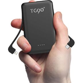 TG90° Portable Charger,Slimmest 5000mAh Power Bank with Built-in AC Wall Plug and Cords,USB C in&Out High-Speed Charging Battery Pack Compatible with iPhone 16 15 14 13 12 Samsung S22 S21 iPad