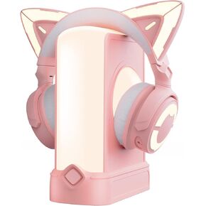 YOWU RGB Pink Cat Ear Headphones 4 and Crystal Headphone Stand,Accessories for The Ultimate Experience