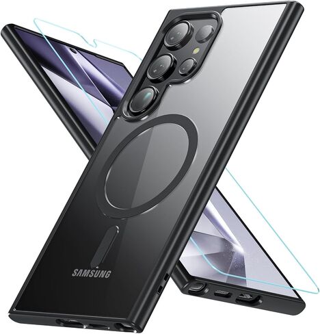 Hensinple Magnetic for Samsung Galaxy S24 Ultra Case [Compatible with MagSafe], Shockproof Military Grade with Screen Protector, Transparent Back Slim Bumper Cover Phone Case Samsung S24 Ultra -Black in Saudi Arabia