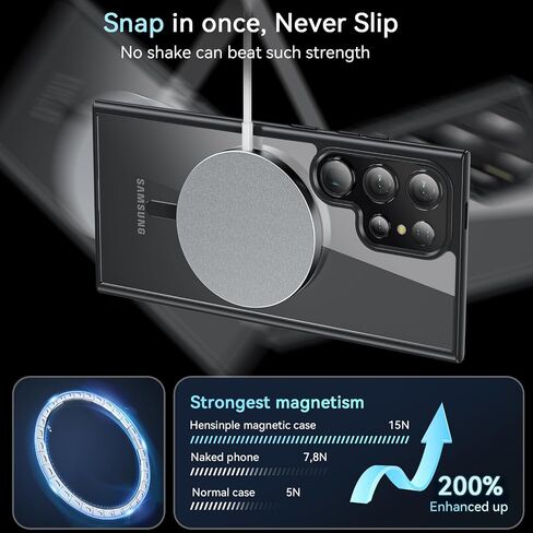 Hensinple Magnetic for Samsung Galaxy S24 Ultra Case [Compatible with MagSafe], Shockproof Military Grade with Screen Protector, Transparent Back Slim Bumper Cover Phone Case Samsung S24 Ultra -Black in Saudi Arabia