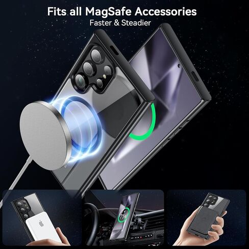 Hensinple Magnetic for Samsung Galaxy S24 Ultra Case [Compatible with MagSafe], Shockproof Military Grade with Screen Protector, Transparent Back Slim Bumper Cover Phone Case Samsung S24 Ultra -Black in Saudi Arabia