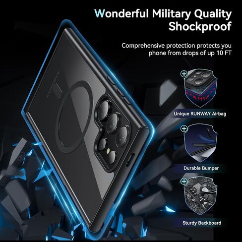 Hensinple Magnetic for Samsung Galaxy S24 Ultra Case [Compatible with MagSafe], Shockproof Military Grade with Screen Protector, Transparent Back Slim Bumper Cover Phone Case Samsung S24 Ultra -Black in Saudi Arabia