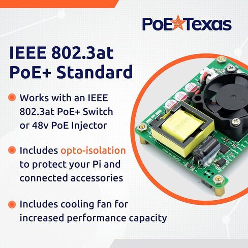PoE Texas Raspberry Pi PoE+ Hat for Pi 4 and 5 - Slim Low Profile Power Over Ethernet HAT with Cooling Fan and Opto-Isolation in Saudi Arabia