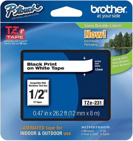 Brother Genuine P-Touch, TZe-231 2 Pack Tape (TZE2312PK) ½"(0.47") x 26.2 ft. (8m) 2-Pack Laminated P-Touch Tape, Black on White, Perfect for Indoor or Outdoor Use, Water Resistant, TZE2312PK, TZE231 in Kuwait