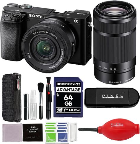 كاميرا Sony A6100 بدون مرآة مع عدسات 16-50 مم و 55-210 مم وبطاقة SD 64 جيجابايت وقارئ البطاقات وملحقات البكسل المتقدمة | Sony A6100 ، ILCE6100XB in Kuwait