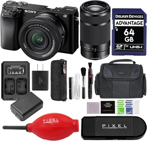 Sony a6100 Mirrorless Camera with 16-50mm and 55-210mm Lenses and 64GB SD Card, Card Reader and Pixel Advanced Accessories | Sony a6100, ILCE6100XB in Saudi Arabia