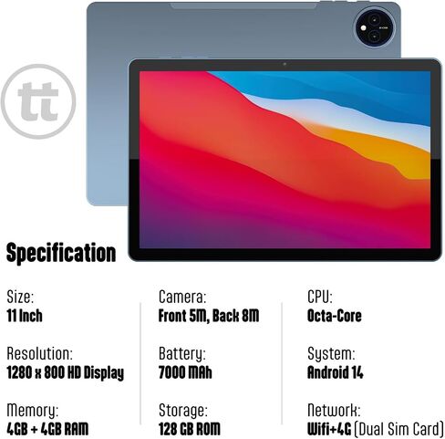 11 inch Tablet, Android 14, Octa-Core Processor 128GB ROM, Long Battery Life, Light and Slim, HD Display, Pre-Installed Apps - Blue in Saudi Arabia