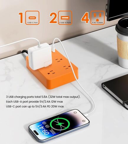 Outdoor Power Strip Weatherproof,Fast Charging Station 20W USB C,Waterproof Surge Protector 4 Outlets, Multi Outlet Extension for Camping, Garden, Kitchen,Bathroom,Flat Plug (Black, 10 FT Cable) in Kuwait