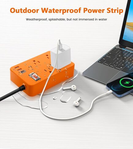 Outdoor Power Strip Weatherproof,Fast Charging Station 20W USB C,Waterproof Surge Protector 4 Outlets, Multi Outlet Extension for Camping, Garden, Kitchen,Bathroom,Flat Plug (Black, 10 FT Cable) in Kuwait