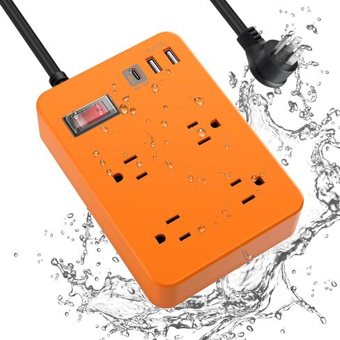 Outdoor Power Strip Weatherproof,Fast Charging Station 20W USB C,Waterproof Surge Protector 4 Outlets, Multi Outlet Extension for Camping, Garden, Kitchen,Bathroom,Flat Plug (Black, 10 FT Cable) in Kuwait