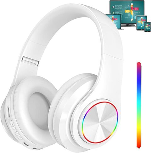 سماعات Bluetooth مع RGB ، سماعات بلوتوث لاسلكية قابلة للطي فوق الأذن ، مع مصابيح LED ملونة ، ستيريو HIFI السلكي ، بناء في الميكروفون ، للكمبيوتر/الكمبيوتر المحمول/الكمبيوتر اللوحي/الهاتف/التمرين/الاتصال (أبيض) in Kuwait