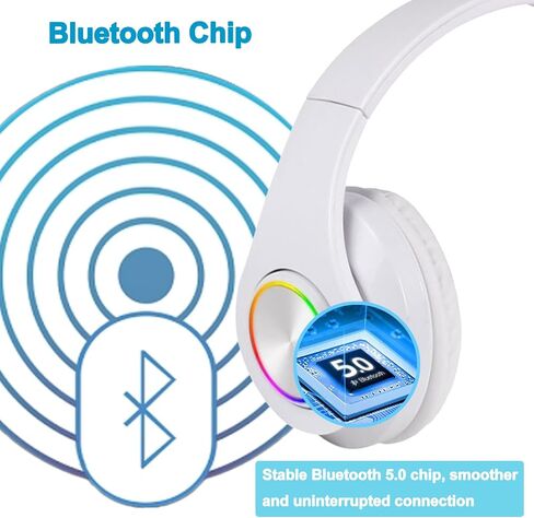 سماعات Bluetooth مع RGB ، سماعات بلوتوث لاسلكية قابلة للطي فوق الأذن ، مع مصابيح LED ملونة ، ستيريو HIFI السلكي ، بناء في الميكروفون ، للكمبيوتر/الكمبيوتر المحمول/الكمبيوتر اللوحي/الهاتف/التمرين/الاتصال (أبيض) in Kuwait