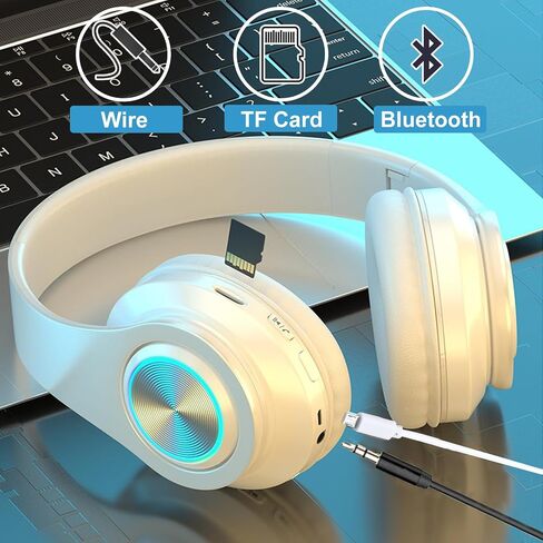 سماعات Bluetooth مع RGB ، سماعات بلوتوث لاسلكية قابلة للطي فوق الأذن ، مع مصابيح LED ملونة ، ستيريو HIFI السلكي ، بناء في الميكروفون ، للكمبيوتر/الكمبيوتر المحمول/الكمبيوتر اللوحي/الهاتف/التمرين/الاتصال (أبيض) in Kuwait