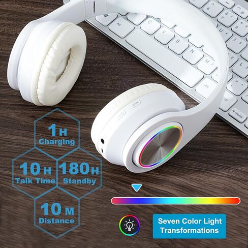 سماعات Bluetooth مع RGB ، سماعات بلوتوث لاسلكية قابلة للطي فوق الأذن ، مع مصابيح LED ملونة ، ستيريو HIFI السلكي ، بناء في الميكروفون ، للكمبيوتر/الكمبيوتر المحمول/الكمبيوتر اللوحي/الهاتف/التمرين/الاتصال (أبيض) in Kuwait