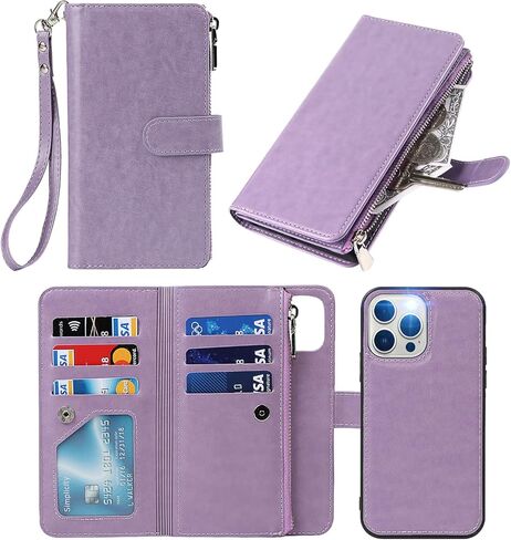 ｈａｖａ for iPhone 13 Pro Max Wallet Case Case Wallet Wallet iPhone 13 Pro Max ، لجهاز هاتف iPhone 13 Pro Max مع حامل البطاقة ، و Flip Zipper Wallet Case for Women-Purple in Kuwait