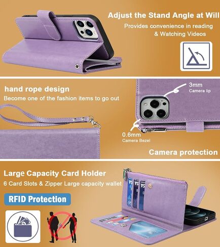 ｈａｖａ for iPhone 13 Pro Max Wallet Case Case Wallet Wallet iPhone 13 Pro Max ، لجهاز هاتف iPhone 13 Pro Max مع حامل البطاقة ، و Flip Zipper Wallet Case for Women-Purple in Kuwait