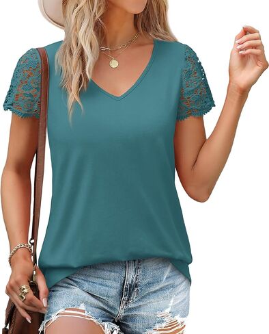 SAMPEEL المرأة بلايز العصرية بلوزات على الموضة الدانتيل قصيرة الأكمام الأعمال تي شيرت عادية محبوك البلوزات ملابس الصيف 2025 in Kuwait