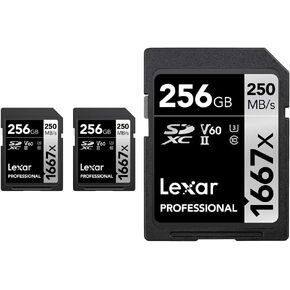 Lexar Professional 1667x 256GB (2-Pack) SDXC UHS-II Cards, Up to 250MB/s Read, for Professional Photographer, Videographer, Enthusiast (LSD1667256G-B2NNU) & Professional 1667x 256GB SDXC UHS-II Card