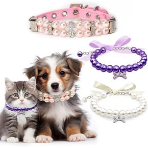 3 Pcs Dog Cat Pearl Collars with Rhinestone Bones,PU Leather Pearl Necklace Beaded Dog Collars,Puppy Pearl Collars Cats and Dogs Cute Accessories for Cats and Dogs Birthday, Party, Wedding (M)