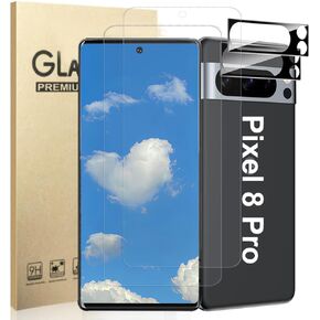 2 Pack for Google Pixel 8 Pro Tempered Screen Protector + 2 Pack Camera Lens Protector, High Clarity Bubble Free, Support Fingerprint Unlock for Google Pixel 8 Pro Screen Protector