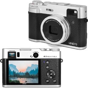 Minolta MND70 Retro 48 MP Autofocus Digital Camera with 5K Ultra HD Video, Rear Selfie Lens & WiFi, Silver