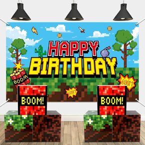 7Pcs Pixel Birthday Party Decoration Set Mining Video Game Backdrop with Large Pixel Centerpieces Boxes Miner Themed Photography Background Banner Box for Mine Kids Birthday Party Decor Supplies Favor