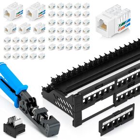 Bundle – 4 Items: 48 Port Keystone Patch Panel (1-Pack) + 90° Angled Speed Termination Tool (easyJACK) + Replacement Head + 90° Angled RJ45 Cat6 Keystone Jacks in White (50 Pack)