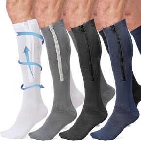 4 Pairs Men Zipper Compression Socks Colorful 20-30mmhg Compression Stockings Knee High Zipper Support Socks for Men Women Swelling Edema Running