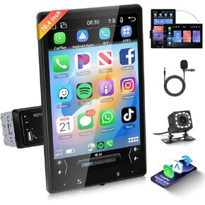 Single DIN Car Stereo with Wireless Carplay and Android Auto, 10.4 Inch Vertical Rotatable Radio Screen with Bluetooth,GPS, DSP, FM/RDS Car Radio Audio Receivers, Hodozzy SWC/USB/AUX/+Back Up Camera