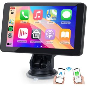 شاشة CarPlay المحمولة مقاس 7 بوصات للسيارة قابلة للتوافق مع Apple Carplay و Android Auto ، وحدة تشغيل السيارات اللاسلكية مع التنقل في GPS ، Bluetooth ، رابط المرآة ، شاشة تعمل باللمس لجميع المركبات (7 بوصة)