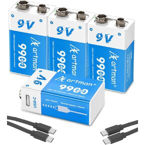 Artman Rechargeable 9V Lithium Batteries 4-Pack, 9900mWh 9 Volt Battery for Smoke Alarms, Nine Volt Batteries USB-C Recharge with 2 in 1 Charging Cable for Microphones, Multimeters, Electronic Toys
