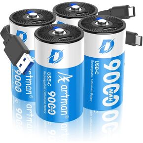 Artman Rechargeable Lithium D Batteries 4 Pack, 9000mWh Rechargeable Lithium-ion D Cell Battery with 2 in 1 USB-C Charging Cable, 1.5V Batteries D Size for Floodlight Toys, Water Heater, Gas Stove