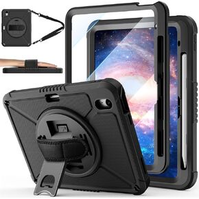 Ztotopcases for iPad (A16) الجيل 11/10th 11 ''/10.9 '' مع واقي الشاشة ، حامل القلم ، حزام الكتف ، 360 دوارة دوارة دوارة في iPad 11th Gen 2025 (A3354/A3355) ، Black Black