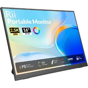 Rii Portable Monitor, 16 Inch 144Hz QHD 2.5K 2560X1600 100% sRGB, IPS Gaming Screen with Adjustable Stand USB-C HDMI Computer Display for Laptop/PC/Phone/Mac/Xbox/Switch/PS4/PS5 (16" 2.5K)