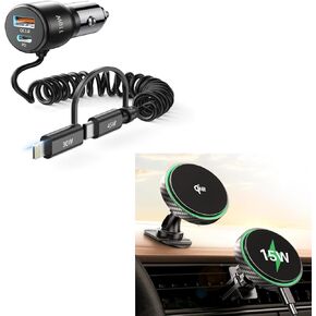 1 Pack 110W [PD 65W+QC 45W] with USB C or Lighting Coiled Cable Car Charger & 1 Pack Qi2 Magsafe Car Mount Charger