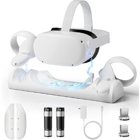 Magnetic VR Charging Dock for Meta Quest 2 & Controllers, Fast Simultaneous Charging Station with 2000mAh Rechargeable Batteries, LED Indicators, USB-C Adapter & Safety Protection