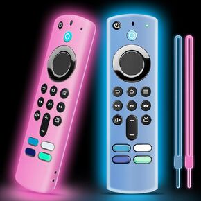 2 Pack Silicone Remote Cover Case, Anti Slip Silicone Protective Case Glow in The Dark with Color Lanyard(Glow Blue & Glow Purple)