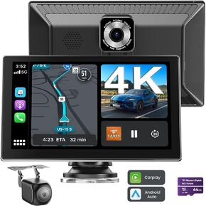 Portable Carplay Screen for Car, 9" Car Stereo Wireless CarPlay & Android Auto Touch Screen,4K Dash Cam/1080P Backup Camera/GPS Navigation/Mirror Link/Bluetooth//FM/Siri