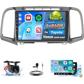 Car Stereo Radio for Toyota Venza 2008-2016 with Wireless Carplay Android Auto, 4+64G 9 inch Thouch Screen Bluetooth Radio with GPS WiFi AHD Backup Camera 32EQ