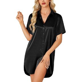 LYANER Women's Satin Nightgown V Neck Short Sleeve Silk Nightshirt Button Down Pajamas Dress Boyfriend Sleepshirt