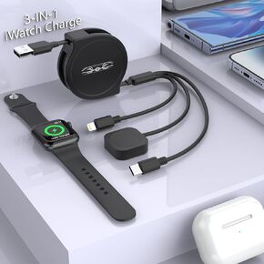 Multi 3-in-1 Retractable Universal Phones Charging Cable+Apple Watch Charger Cord,USB A to Lightning+Type C+iWatch Charger for iWatch Series 9 8 7 6 5 4 3 2 SE/iPhone 14 13 12 Pro/Samsung/iPad-Black